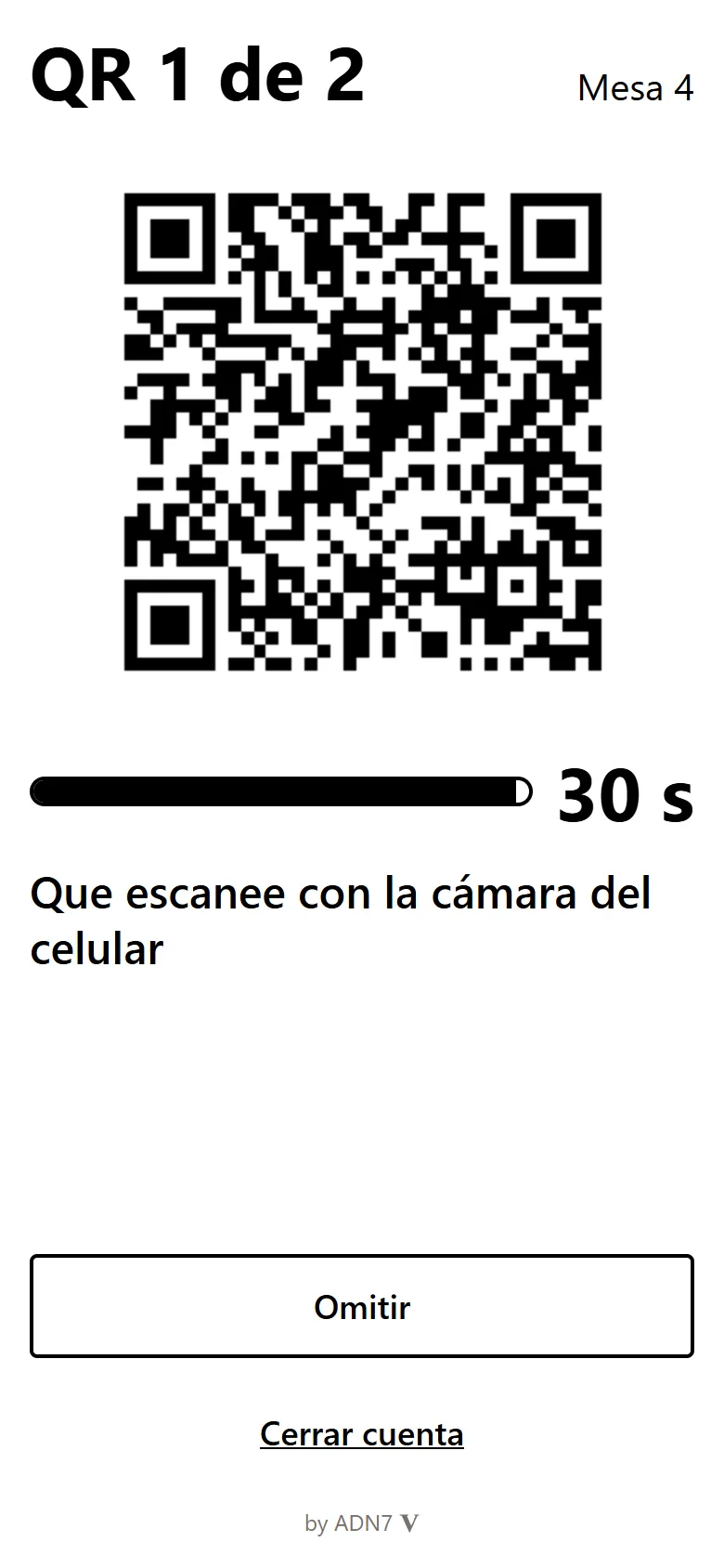 La pantalla «Cobrar» del mozo mostrando el QR 1 de 2 de la mesa 4, con la cuenta regresiva de 30 segundos.