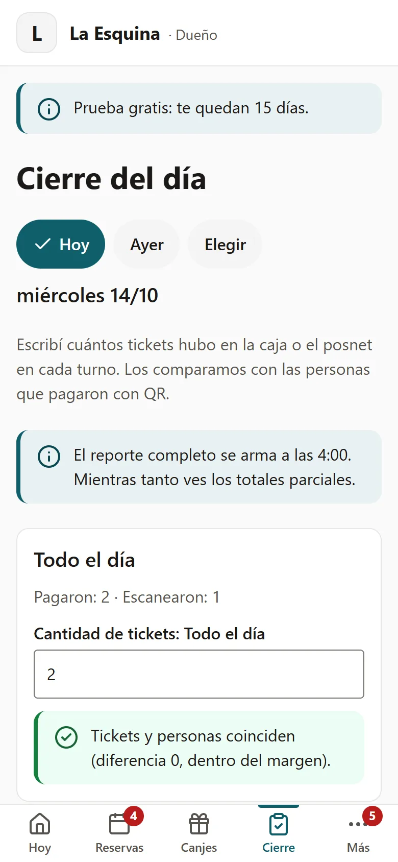 El «Cierre del día»: el turno con las personas que pagaron y escanearon, los tickets cargados y la línea «Tickets y personas coinciden».